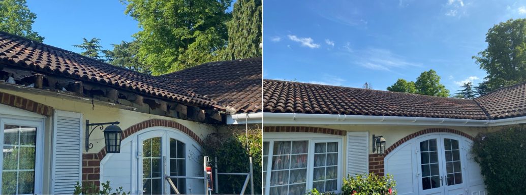 Fascia, Soffits and guttering replacement Side-by-side view of a house roof, showing different angles and greenery in the background.